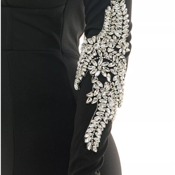 Juniors' Strapless Rhinestone Applique on Sleeve Bodycon Mermaid Gown - Picture 2 of 5